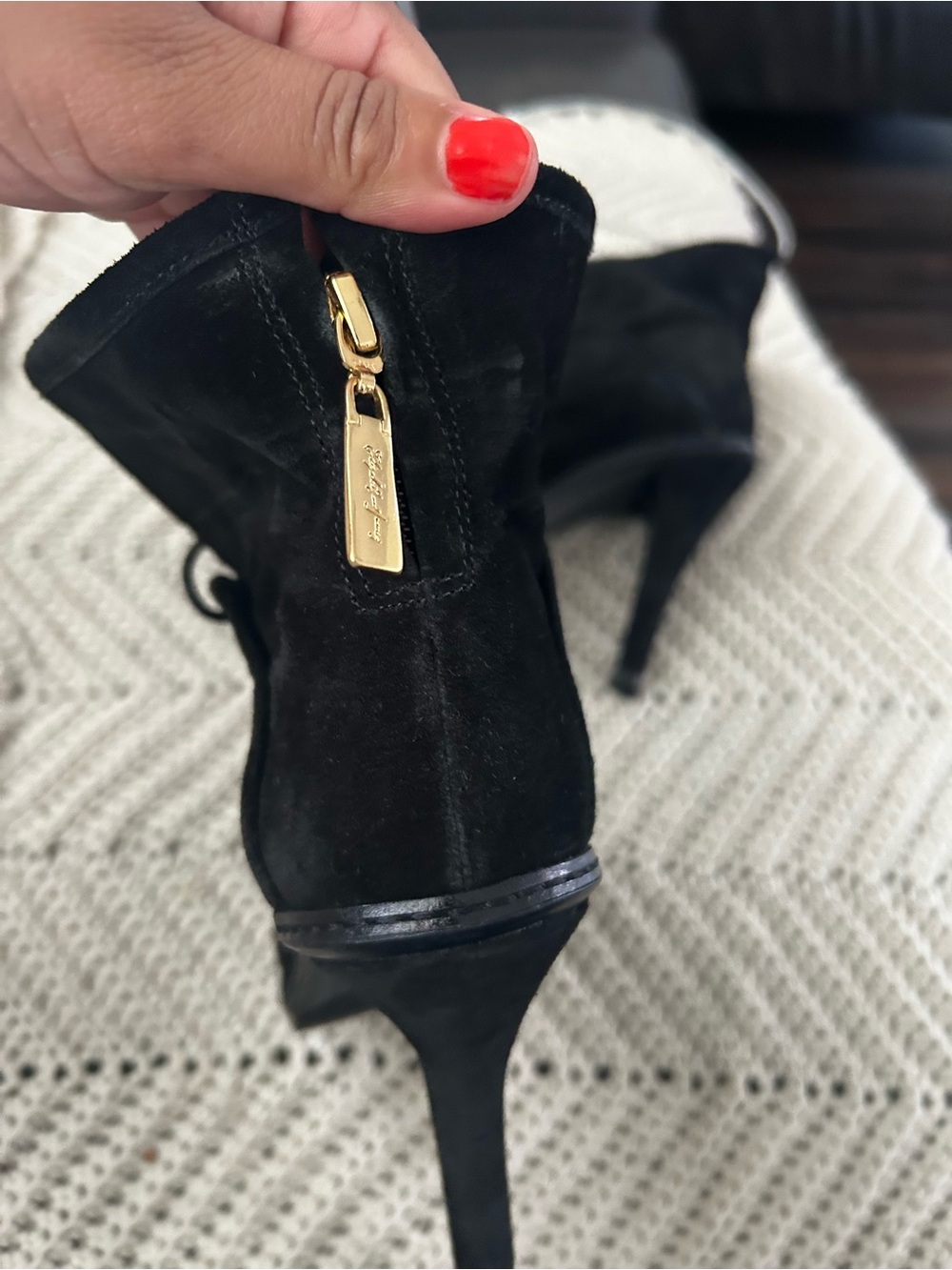 Elizabeth and James Black Suede Stiletto Boots with Gold Zip